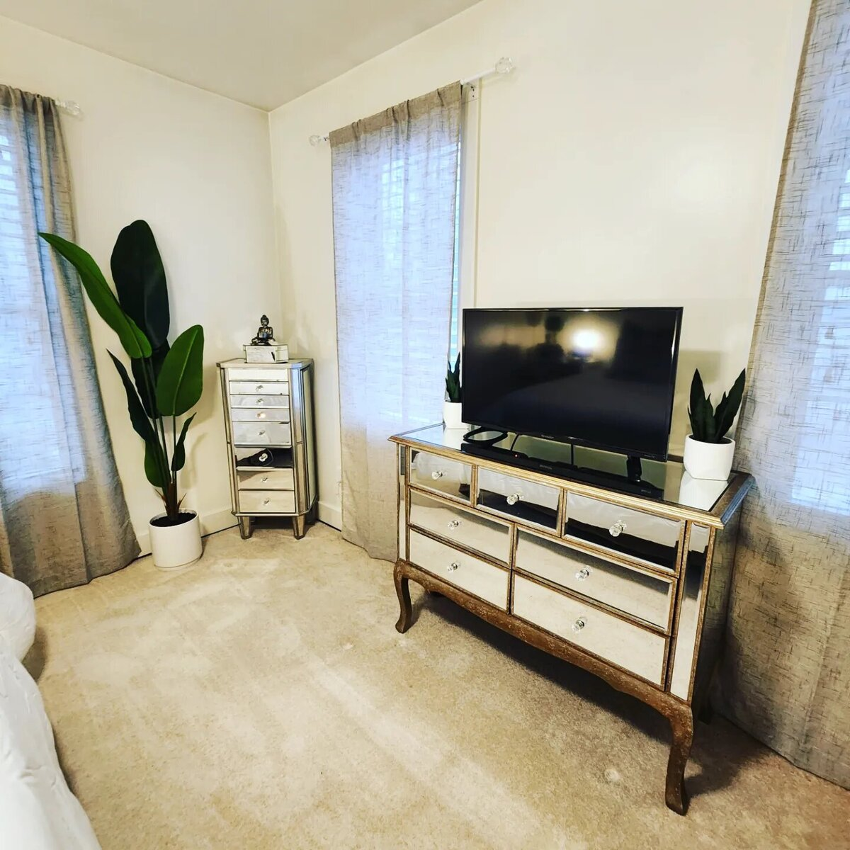 Tidy living corner with mirrored dresser and plants