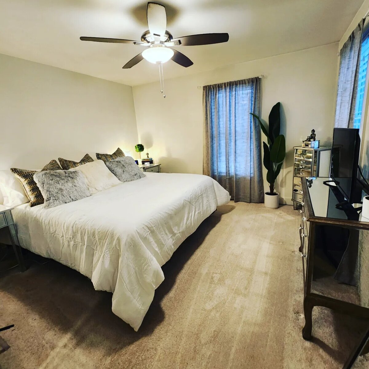 Serene bedroom reset with king bed and soft light
