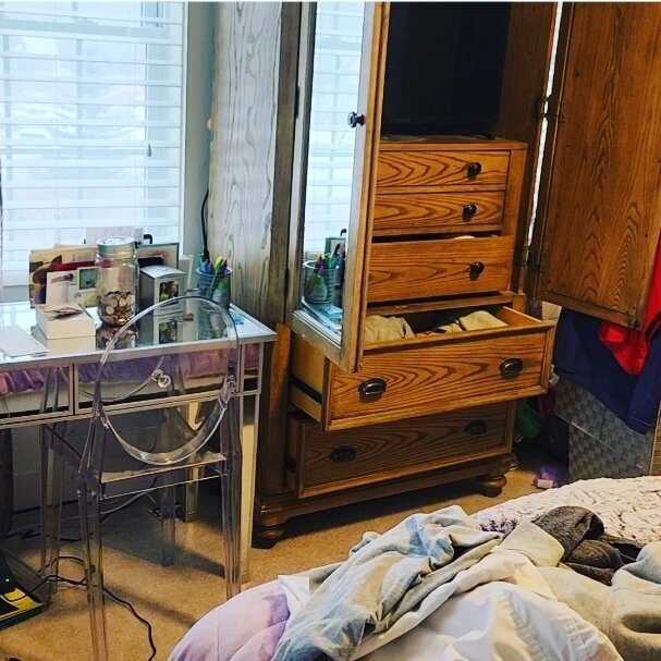 Before — cluttered bedroom in need of a reset