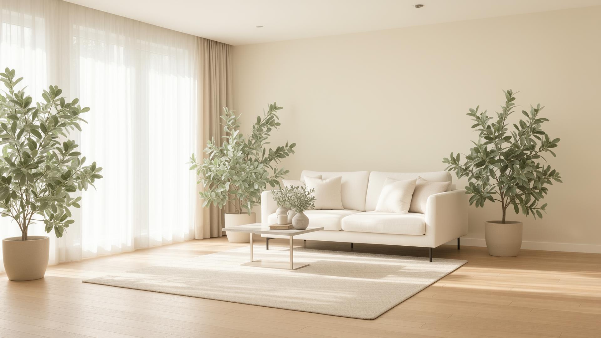 Sunlit pristine living room with soft cream tones and sage green plants